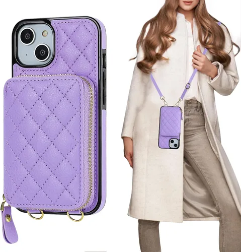 Miniatura 10 de Bocasal Funda tipo cartera con bandolera para iPhone 13, de cuero PU con bloqueo RFID, con cierre de cremallera, cartera tipo bolso con función Gris