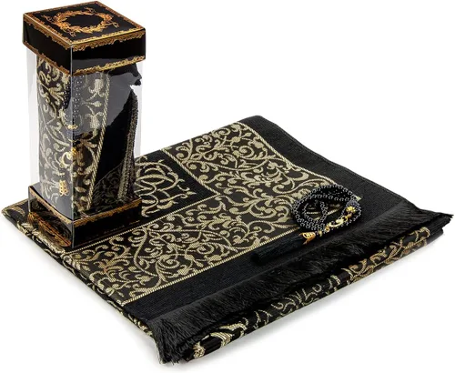 Alfombra de oración musulmana y cuentas de oración con elegante caja de regalo | Janamaz | Sajada | Alfombra de oración islámica suave | Juego de