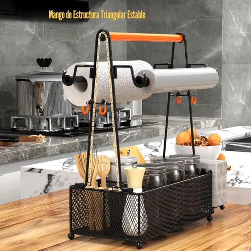 Miniatura 2 de PHINOX Organizador de utensilios con asa y portarrollos de toallas de papel, organizador de cubiertos y condimentos para fiestas, pícnic y Negro