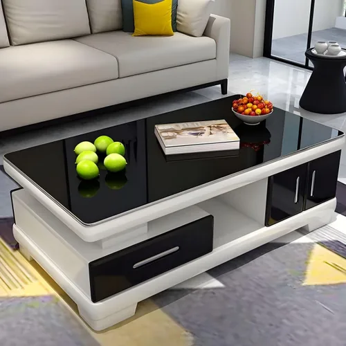 Miniatura 8 de RUNNUP Mesa de centro rectangular moderna de vidrio con base de madera blanca y almacenamiento de 2 niveles, mesa central de sofá para sala de Beige