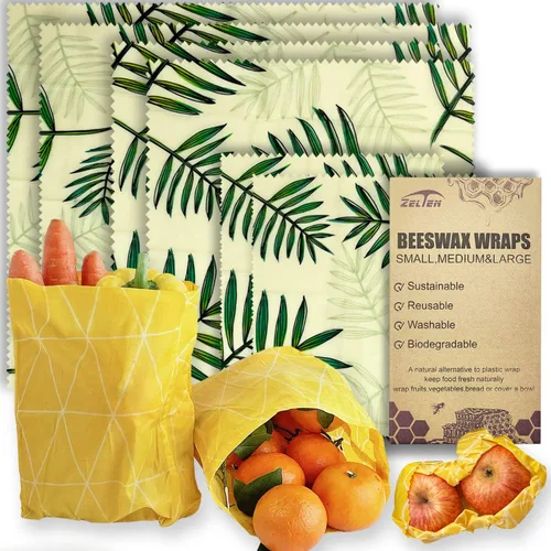 Miniatura 9 de Zelten Envolturas reutilizables de cera de abejas (3 paquetes, 3 tamaños S, M, L) sin plástico y silicona, envoltura ecológica, papel de cera