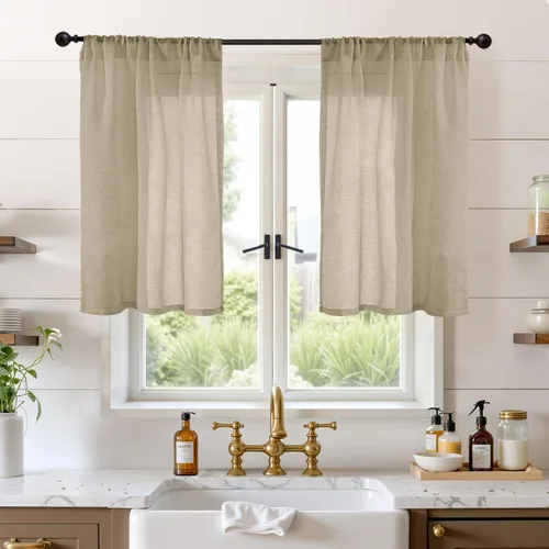 Miniatura 54 de BGment Cortinas de lino café de 30 pulgadas de largo para ventana pequeña, cortinas de media ventana beige semitransparentes ligeras con bolsillo