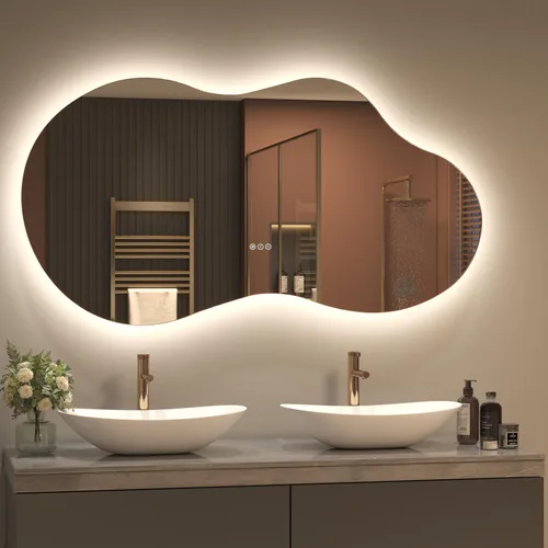Miniatura 17 de SMIROR Espejo de Baño Retroiluminado Irregular con Luces 20 x 32, Espejo de Tocador con Luz LED Asimétrica en Forma de Nube para Pared