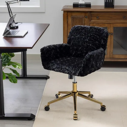 Miniatura 3 de HomVent Silla de escritorio esponjosa de piel sintética rosa, silla giratoria ajustable para computadora con ruedas, altura ajustable, bonita silla