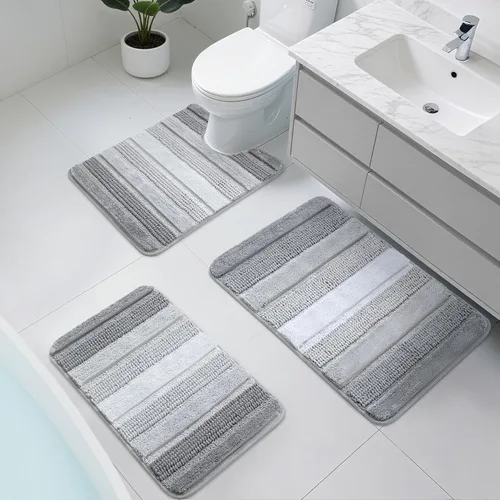 Miniatura 13 de Kmson Juego de 3 alfombras de baño de chenilla ombré, antideslizantes, ultra suaves, lavables, alfombras de baño peludas para bañera, tapete de Azul