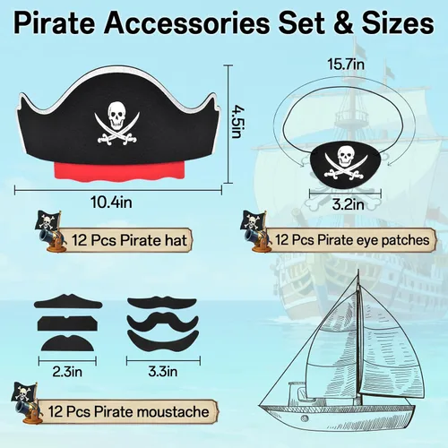 Miniatura 2 de Halatool 36 piezas de accesorios piratas para niños, juego completo de fiesta pirata para 12 personas con sombreros de fieltro suave, parches