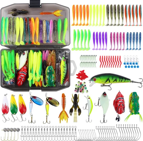 220 piezas de señuelos de pesca, equipo de aparejos de pesca, caja de engranajes para lubina, kit de pesca con señuelos suaves, ganchos, accesorios