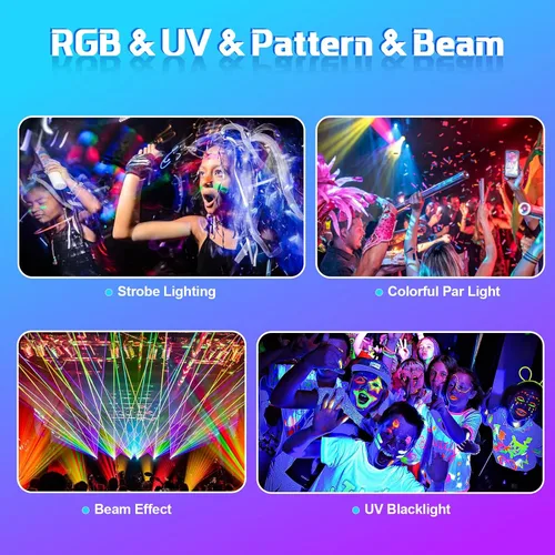 Miniatura 4 de Luces láser para DJ, luces de fiesta Pro 4 en 1 con activación por sonido y control DMX, espectáculo de luz láser RGBW y efecto de haz UV, luz láser