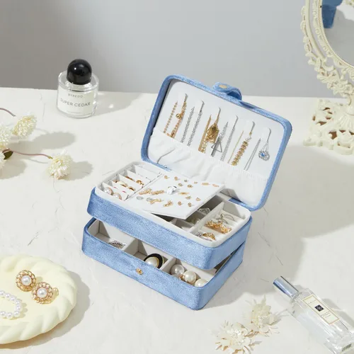 Miniatura 8 de Joyero pequeño de terciopelo para mujeres y niñas, estuche portátil de viaje de doble capa para anillos, colgantes, aretes, collares, organizador