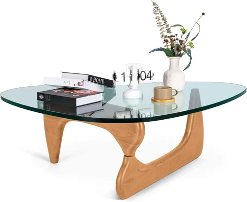 Miniatura 12 de Mesa de café triangular de vidrio moderna, con vidrio transparente vintage y base de madera maciza, mesa auxiliar para sala de estar, oficina, Nogal