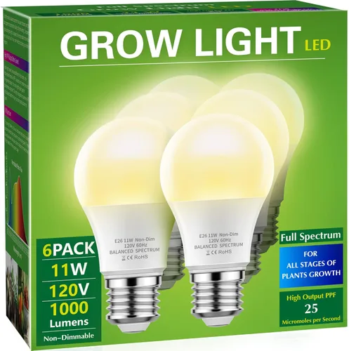 Briignite Bombillas de crecimiento, bombilla LED A19, bombilla de crecimiento de espectro completo, base E26, bombilla de cultivo de 11 W, Blanco