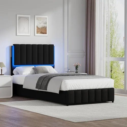 Miniatura 7 de REVOMINCA Base de cama tapizada individual con luces LED, plataforma de piel sintética con cabecera y soporte de listones de madera, no necesita