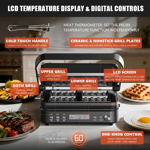 Miniatura 8 de CATTLEMAN Plancha para Parrilla Panini Sandwichera con Placas Extraíbles, 1600W, Waflera 6 en 1 y Parrilla Eléctrica para Interiores con Termómetro