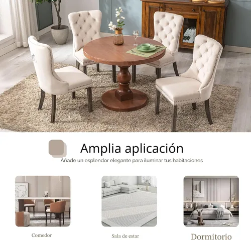 Miniatura 8 de KCC Nikki Collection - Juego de 4 sillas de comedor de terciopelo tapizadas de alta gama con anillo trasero de clavo, patas de madera maciza