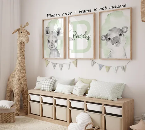 Miniatura 3 de Animales de safari personalizados para habitación de bebé, niño, niña, cuarto de bebé, juego de 3 impresiones sin marco, nombre personalizado, gris