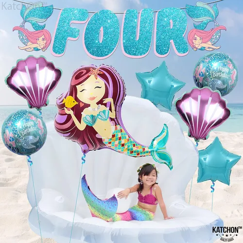 Miniatura 8 de KatchOn Juego de 8 decoraciones de sirena grande para cumpleaños número 4, globos de sirena y cumpleaños para niña de 4 años
