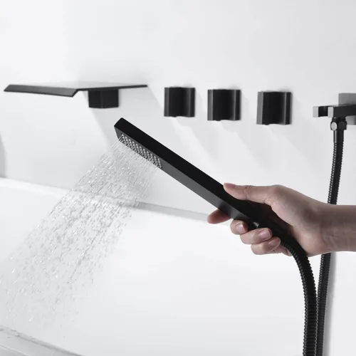 Miniatura 6 de Grifo de Montaje en Pared para Bañera con Cascada y Relleno, con Ducha de Mano de Alto Flujo, Negro Mate, SUMERAIN