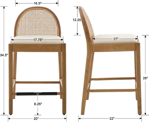 Miniatura 2 de Ya-Home Juego de 2 taburetes de bar de mediados de siglo, taburetes de bar de 26 pulgadas con respaldo de ratán Sherpa de altura de mostrador