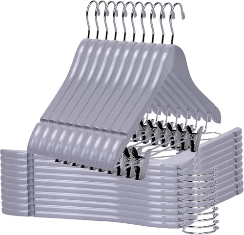 Miniatura 21 de Perchas de madera de calidad para faldas con clips, paquete de 20 perchas de nogal para pantalones con clips de metal dorado ajustables, gancho
