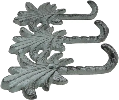 Miniatura 4 de Ebros Gift Paquete de 2 figuras de hierro fundido Verdigris Tropical Paradise Beach, 3 palmeras de coco, 3 clavijas, ganchos de pared triples