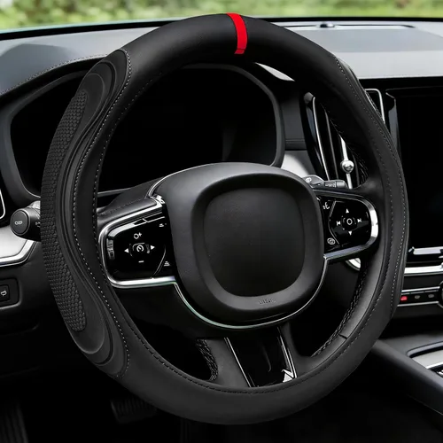 XCBYT Funda para volante, de cuero negro, gran agarre con panal 3D, instalación rápida y sin esfuerzo, anillo interior de silicona antideslizante