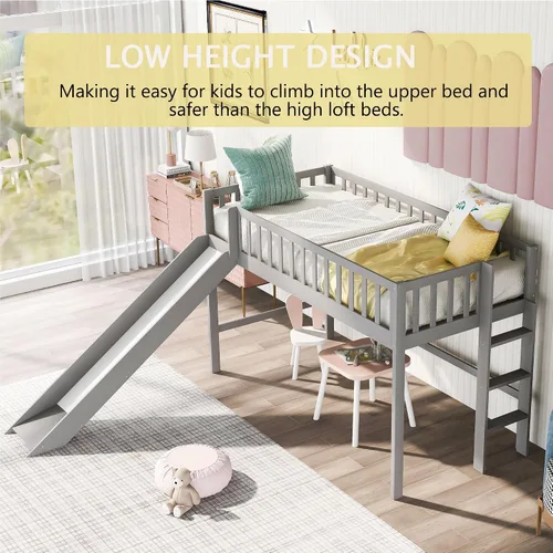 Miniatura 4 de Harper & Bright Designs Cama alta baja con tobogán para niños, cama individual tipo loft de madera para niños, niñas, niños, no necesita somier, gris