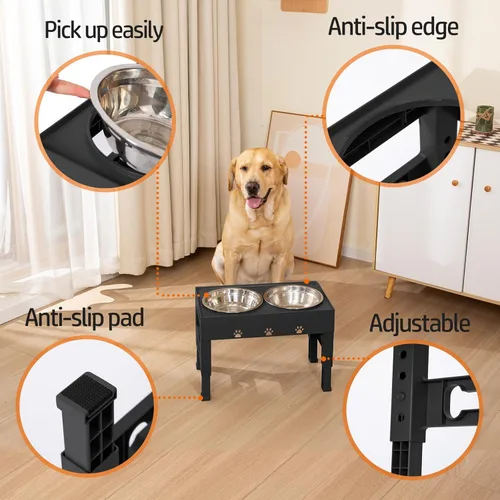 Miniatura 3 de Cuencos elevados para perros con 2 cuencos de acero inoxidable, soporte ajustable de 5 alturas (3.1 pulgadas, 9 a 12 pulgadas), para una mejor Negro