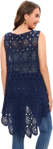 Miniatura 2 de Chaleco de encaje de ganchillo para mujer, estilo bohemio, sin mangas, kimono con dobladillo irregular