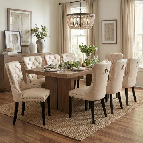 Miniatura 24 de CIMOTA Juego de 2 sillas de comedor de cuero beige, modernas de mediados de siglo, sillas de comedor tapizadas para cocina, comedor, cómodas sillas