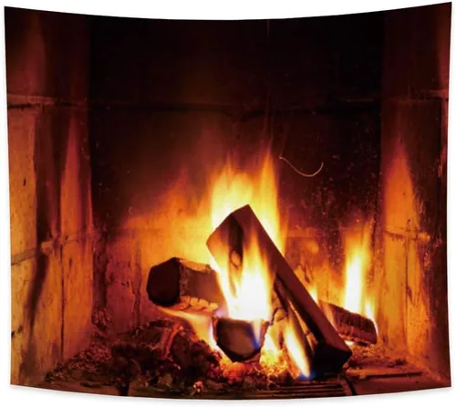 Haoyiyi Tapiz de fuego ardiente de 33.9 x 27.6 pulgadas, chimenea de madera de Navidad, ladrillo brillante, para colgar en la pared, vintage,