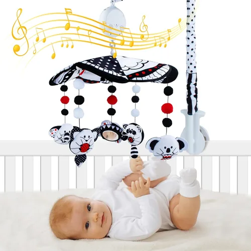 Móvil para cuna de bebé, móvil con espejo, juguete de alto contraste en blanco y negro, recién nacidos, niños y niñas, juguetes giratorios