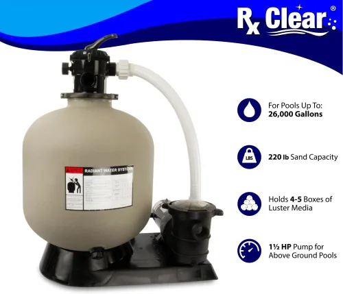 Miniatura 2 de Rx Clear Radiant - Sistema de filtro de arena de piscina de 16 pulgadas para piscinas sobre el suelo, incluye bomba de 3/4 HP, válvula multipuerto