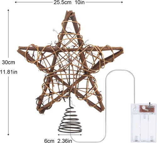 Miniatura 4 de LAWOHO Estrella para la Copa del Árbol de Navidad, Ratán Natural Marrón Rústico de 10 Pulgadas con 10 Luces Blancas Cálidas, Tres Funciones