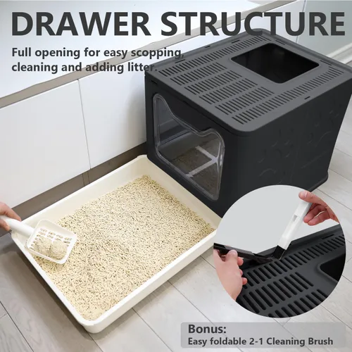 Miniatura 5 de Caja de arena plegable para gatos con tapa, orinal cerrado, inodoro grande de entrada superior antisalpicaduras, fácil de limpiar, incluye pala