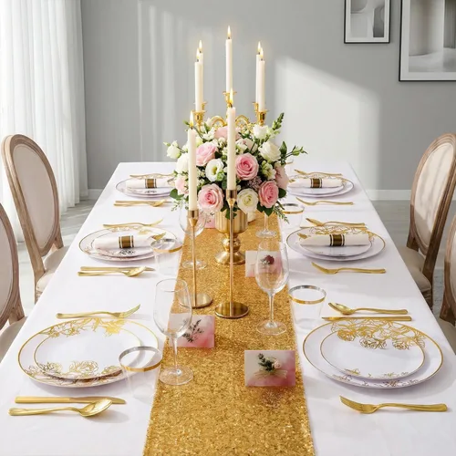 Miniatura 6 de DaYammi 210 platos de plástico dorados, vajilla desechable floral de oro blanco que incluye 30 platos llanos, 30 platos de ensalada, 30 servilletas
