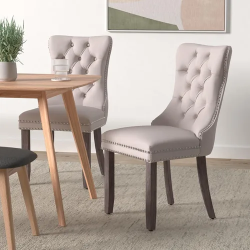 Miniatura 2 de Juego de 4 sillas de comedor de terciopelo beige, sillas de comedor tapizadas con adorno de tirador de anillo trasero y patas de madera maciza