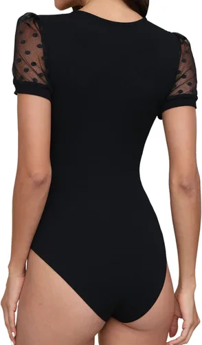 Miniatura 3 de Body de manga larga con cuello alto y lunares para mujer, de malla transparente