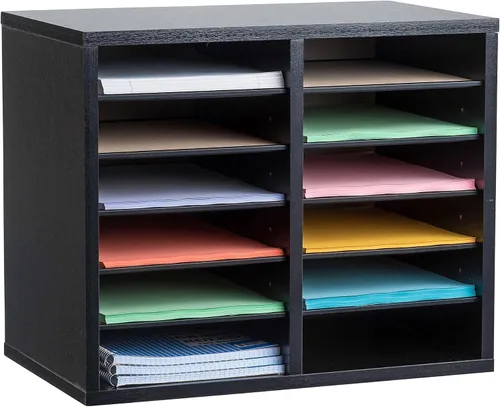 AdirOffice Organizador de literatura ajustable de madera, buzón de oficina de 12 compartimentos o organizador de literatura para el aula, color negro
