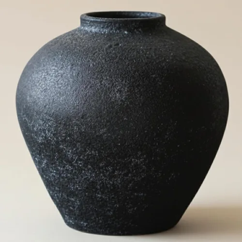 Jarrón grande de cerámica rústico hecho a mano de 10.6 pulgadas de alto, decoración de piedra de granja, florero redondo negro grande, decoración
