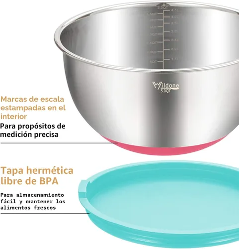 Miniatura 2 de Wildone Juego de Tazones Mezcladores con Tapas Herméticas, 5PCS Tazones de Acero Inoxidable Anidables para Cocina, con Accesorios de Rallador