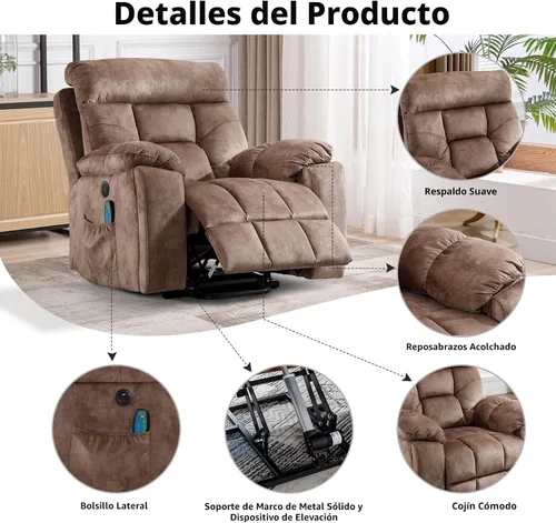 Miniatura 6 de CANMOV Silla reclinable eléctrica grande con masaje y calor para personas mayores grandes y altas, sillones reclinables amplios y mullidos con 2