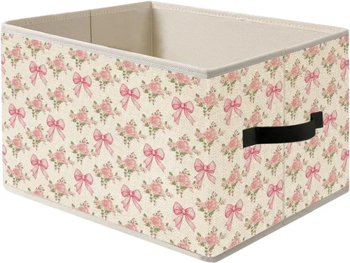 Miniatura 11 de Caja de almacenamiento de lazo floral azul y blanco con asas, cesta organizadora plegable de flores de estilo francés Toile de Jouy, caja