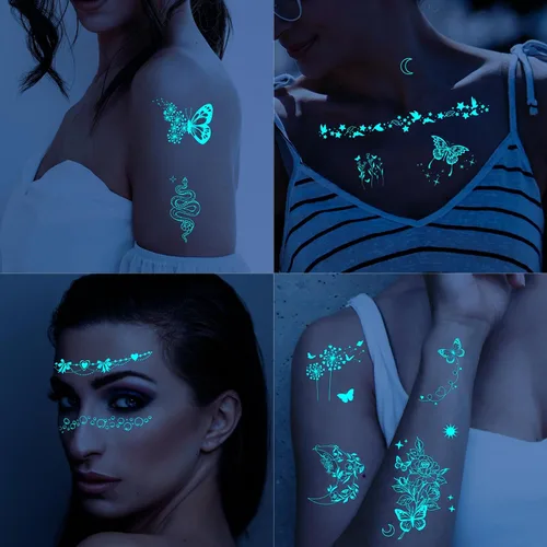 Miniatura 3 de Tatuaje realista de mariposa azul que brilla en la oscuridad, temporal para mujeres adultas, flor luminosa, mariposa, hoja, tatuaje, tatuaje falso
