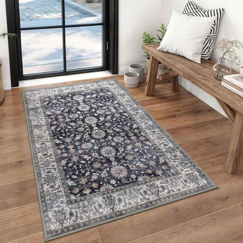 Miniatura 100 de KUTA Alfombras vintage de 2 x 3 pies para entrada, antideslizantes, lavables, tapete para puerta de interior con estampado floral, azul, gris, Azul