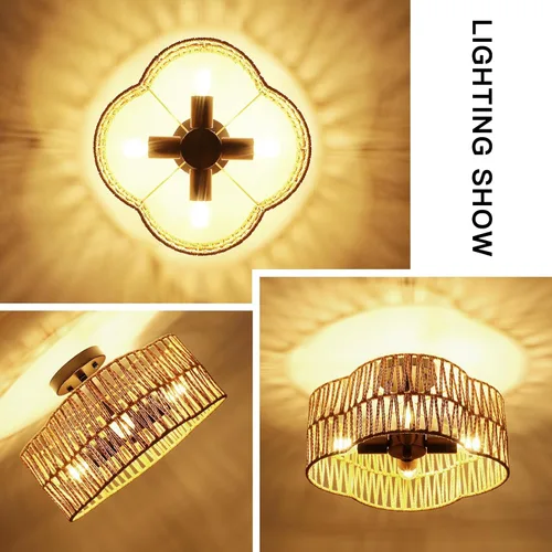 Miniatura 8 de Lámparas Bohemias de Techo con Montaje, Lámpara de Techo de Ratán Estilo Granja de 4 Luces, Lámpara de Techo Semi Empotrada con Pantalla Tejida a