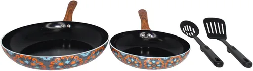 IMUSA Juego de utensilios de cocina de cerámica antiadherente de 4 piezas de 8 pulgadas/10 pulgadas con asas suaves al tacto, aluminio, negro