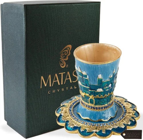 Miniatura 2 de Matashi Juego de tazas de Kidush esmaltadas pintadas a mano de 3.3 pulgadas de alto con bandeja con cristales y diseño de paisaje urbano