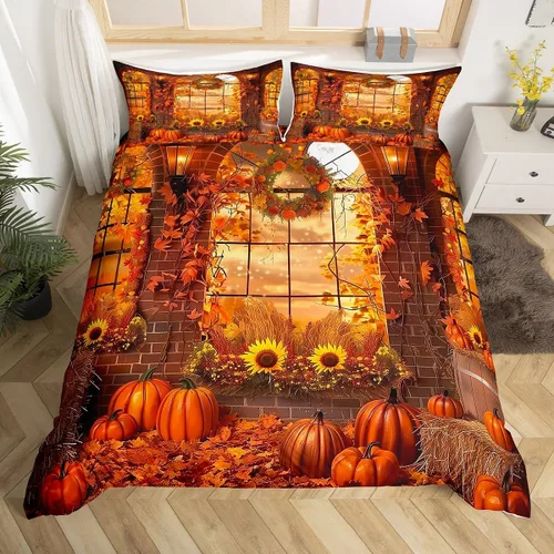 Miniatura 28 de Erosebridal Juego de funda de edredón individual de pavo de Acción de Gracias, juego de ropa de cama de calabaza y hojas de otoño para niños