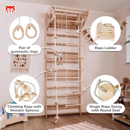 Miniatura 3 de Woodandhearts - Escalera sueca ajustable para juego activo en interiores con escalera de cuerda, anillos de gimnasia, cuerda de columpio y escalada