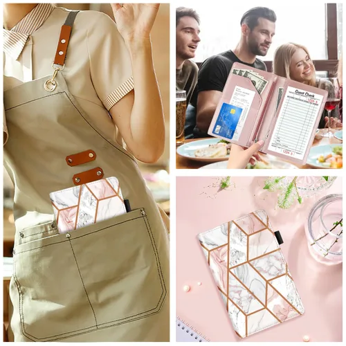 Miniatura 7 de Libros de servicio lindos para camarera y camarero, libreta de notas de visitantes de cuero con cremallera, organizador de dinero y cartera, Mármol